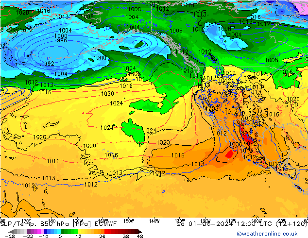 SLP/Temp. 850 hPa ECMWF sam 01.06.2024 12 UTC