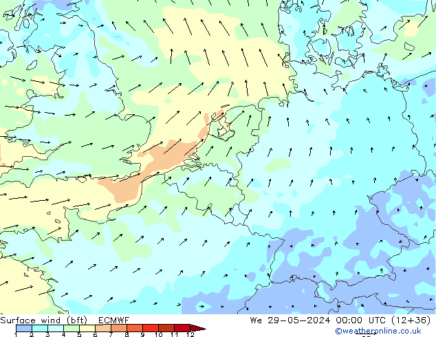 Vent 10 m (bft) ECMWF mer 29.05.2024 00 UTC