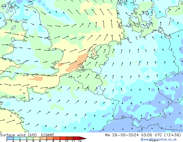 Rüzgar 10 m (bft) ECMWF Çar 29.05.2024 03 UTC