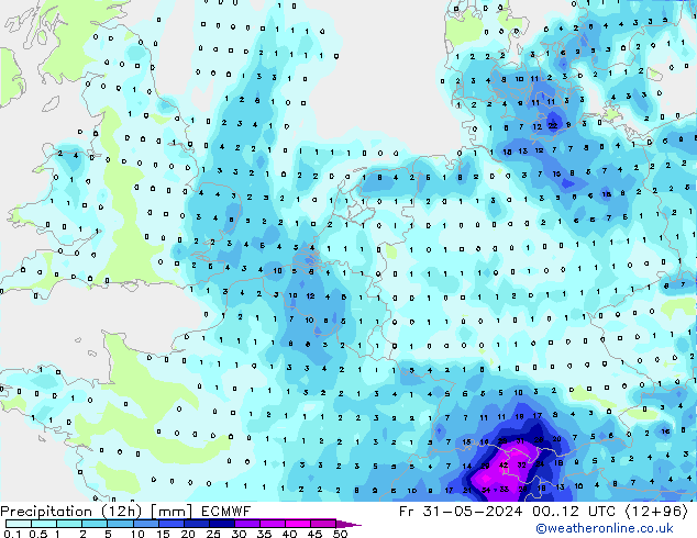 Precipitation (12h) ECMWF Pá 31.05.2024 12 UTC