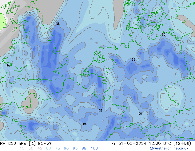 RH 850 hPa ECMWF Pá 31.05.2024 12 UTC