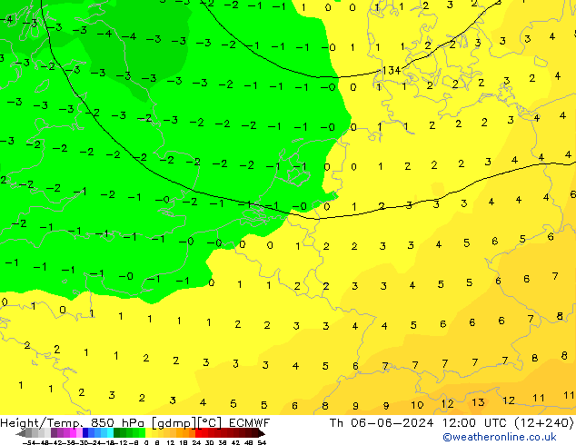 Height/Temp. 850 hPa ECMWF Th 06.06.2024 12 UTC