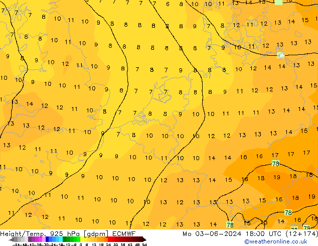 Height/Temp. 925 hPa ECMWF lun 03.06.2024 18 UTC