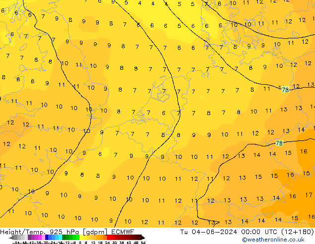 Height/Temp. 925 hPa ECMWF Tu 04.06.2024 00 UTC