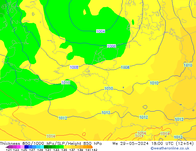 Schichtdicke 850-1000 hPa ECMWF Mi 29.05.2024 18 UTC