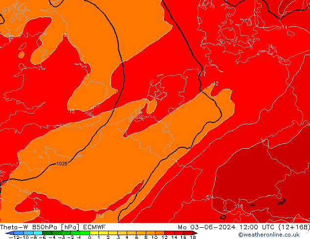 Theta-W 850hPa ECMWF Mo 03.06.2024 12 UTC