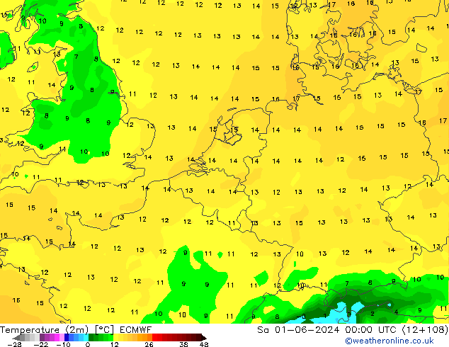 Temperature (2m) ECMWF Sa 01.06.2024 00 UTC