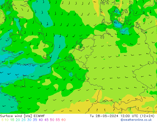 wiatr 10 m ECMWF wto. 28.05.2024 12 UTC