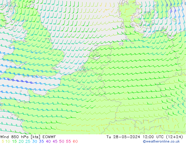 wiatr 850 hPa ECMWF wto. 28.05.2024 12 UTC