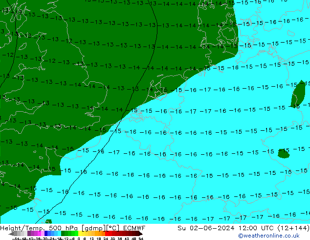 Height/Temp. 500 hPa ECMWF dom 02.06.2024 12 UTC