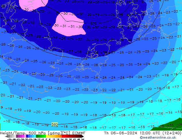 Z500/Rain (+SLP)/Z850 ECMWF Do 06.06.2024 12 UTC