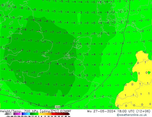 Height/Temp. 700 hPa ECMWF Mo 27.05.2024 18 UTC