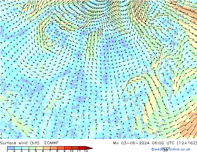 Surface wind (bft) ECMWF Mo 03.06.2024 06 UTC