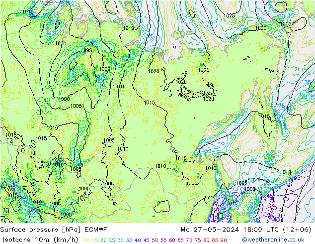 Isotachs (kph) ECMWF Mo 27.05.2024 18 UTC