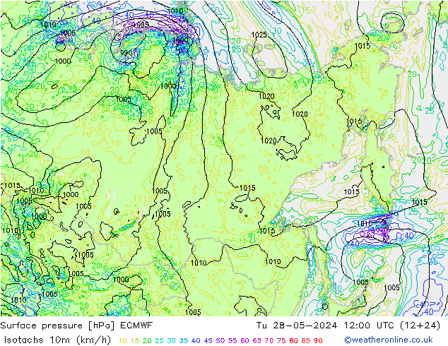 Eşrüzgar Hızları (km/sa) ECMWF Sa 28.05.2024 12 UTC