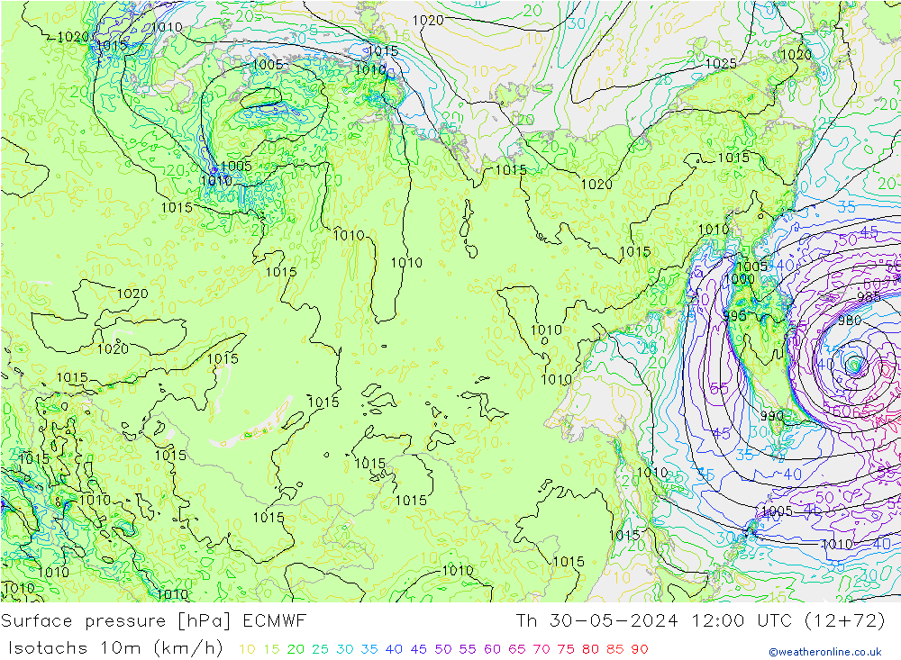 Isotachen (km/h) ECMWF Do 30.05.2024 12 UTC