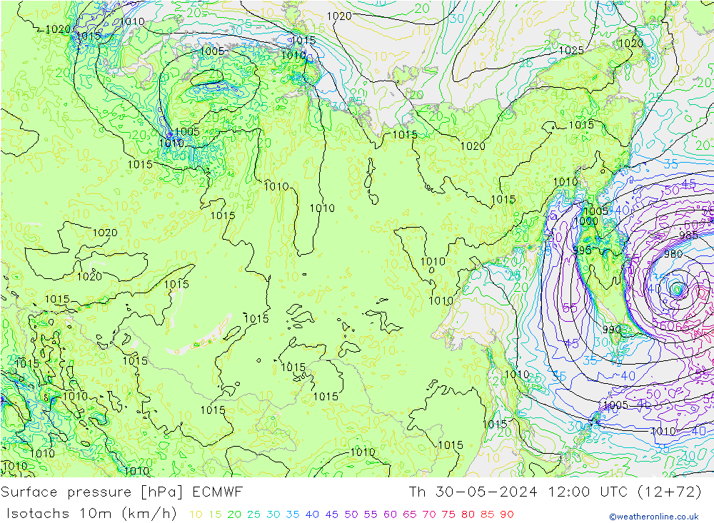 Isotachs (kph) ECMWF  30.05.2024 12 UTC