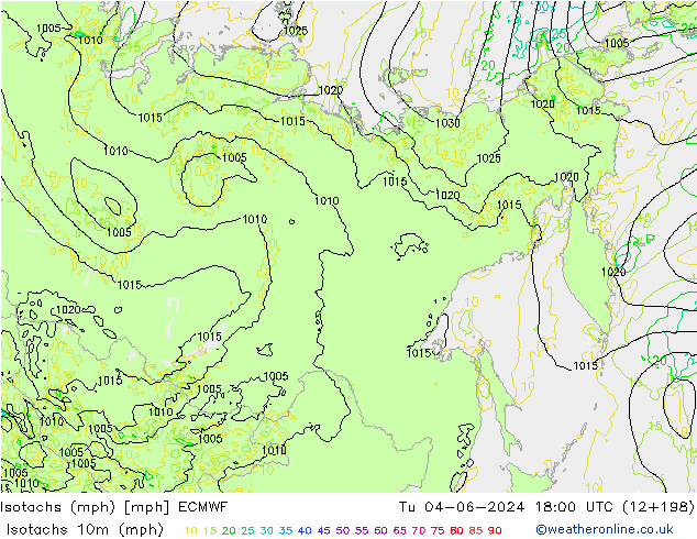 Isotachs (mph) ECMWF Út 04.06.2024 18 UTC