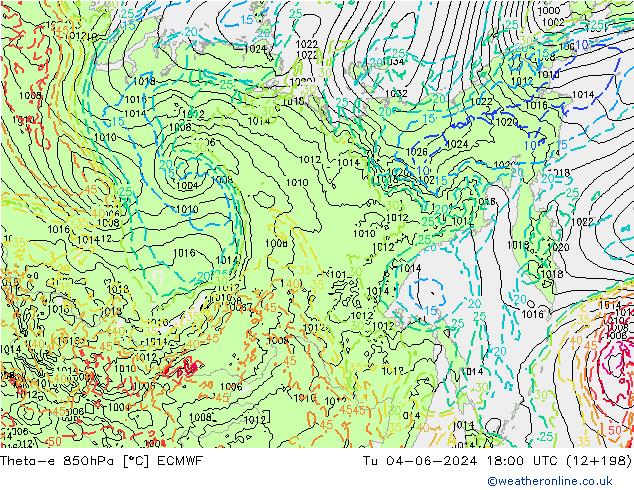 Theta-e 850hPa ECMWF Út 04.06.2024 18 UTC