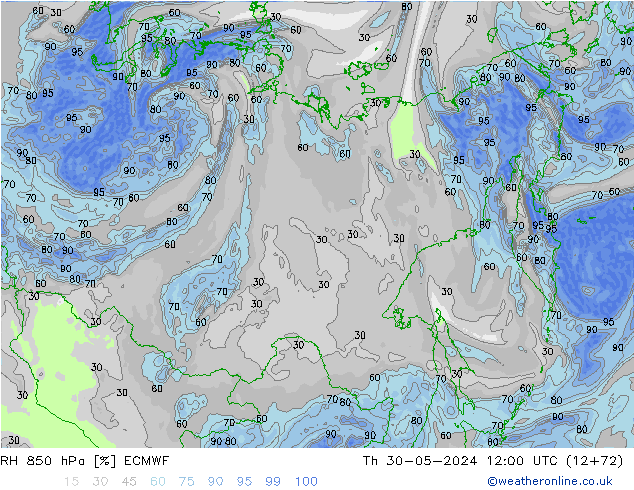 Humidité rel. 850 hPa ECMWF jeu 30.05.2024 12 UTC