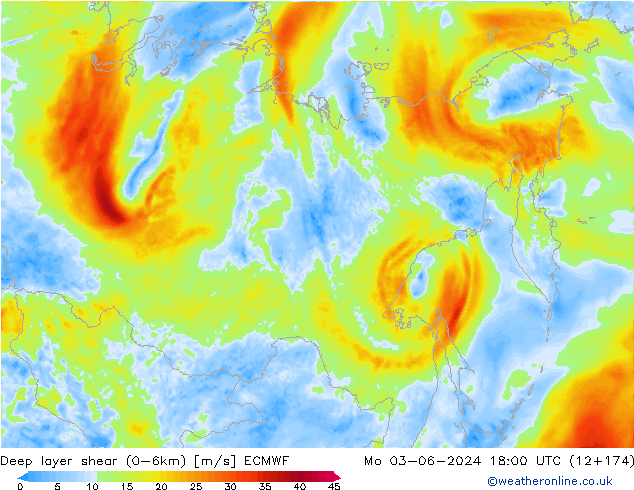 Deep layer shear (0-6km) ECMWF pon. 03.06.2024 18 UTC