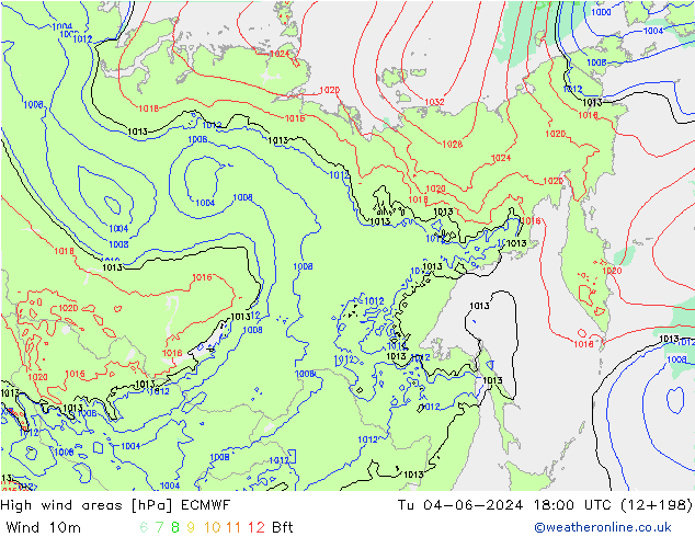 High wind areas ECMWF Út 04.06.2024 18 UTC