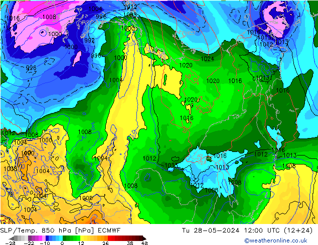 SLP/Temp. 850 hPa ECMWF wto. 28.05.2024 12 UTC