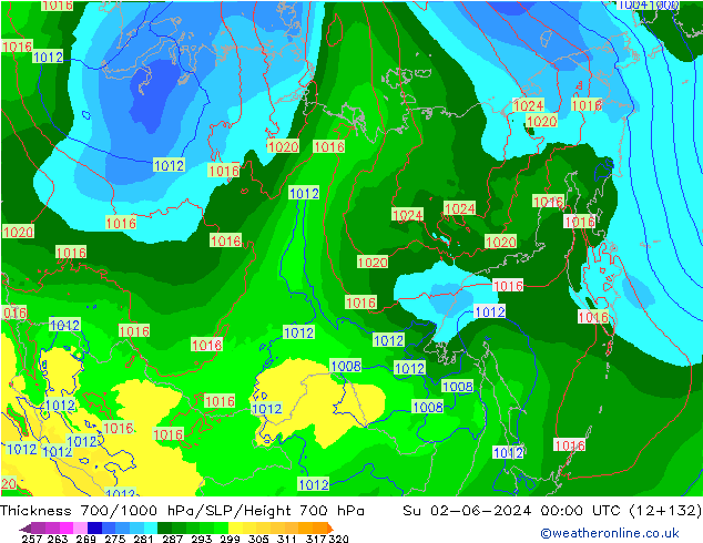 Thck 700-1000 hPa ECMWF Dom 02.06.2024 00 UTC