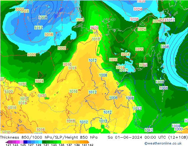 Espesor 850-1000 hPa ECMWF sáb 01.06.2024 00 UTC