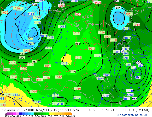 Thck 500-1000hPa ECMWF Qui 30.05.2024 00 UTC