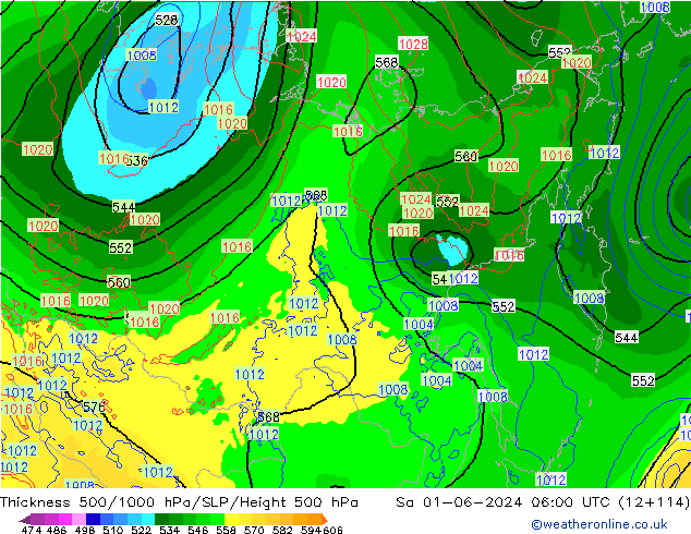 Schichtdicke 500-1000 hPa ECMWF Sa 01.06.2024 06 UTC