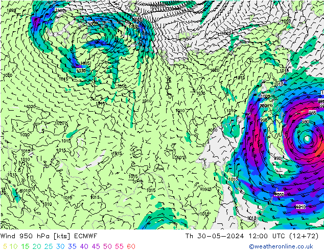 Wind 950 hPa ECMWF do 30.05.2024 12 UTC