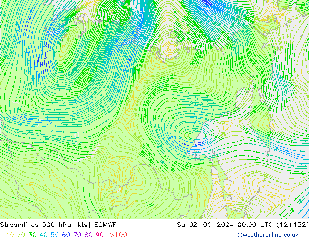 Streamlines 500 hPa ECMWF Ne 02.06.2024 00 UTC