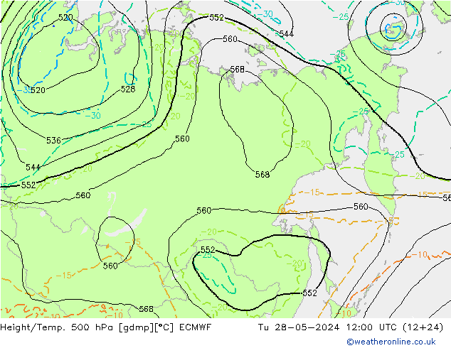 Z500/Rain (+SLP)/Z850 ECMWF Tu 28.05.2024 12 UTC