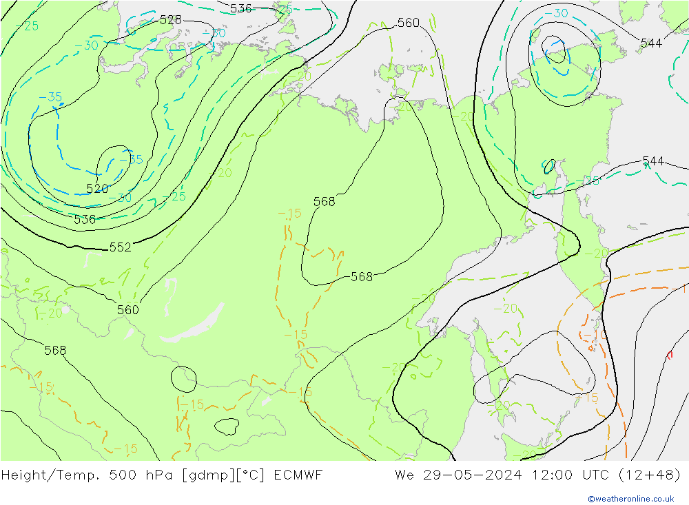 Height/Temp. 500 hPa ECMWF We 29.05.2024 12 UTC