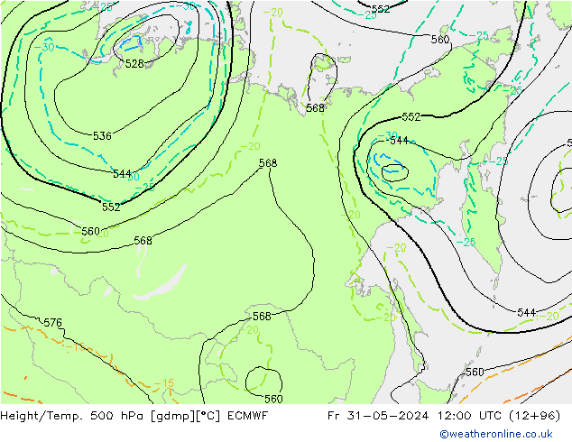 Z500/Rain (+SLP)/Z850 ECMWF ven 31.05.2024 12 UTC