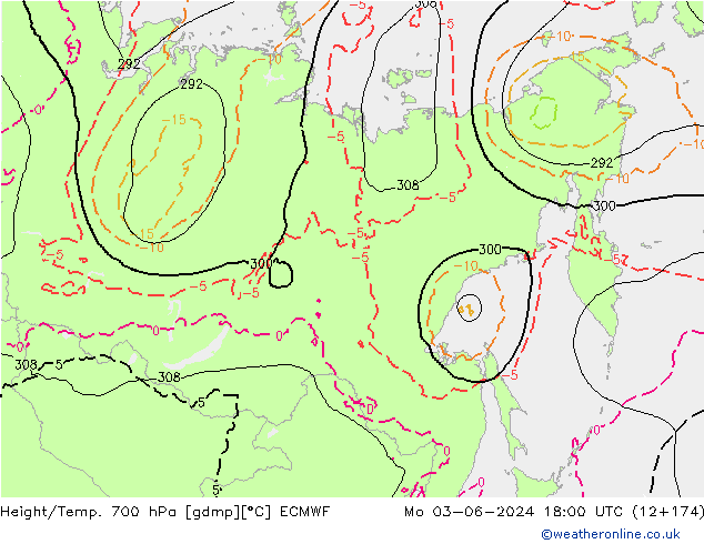 Height/Temp. 700 hPa ECMWF  03.06.2024 18 UTC