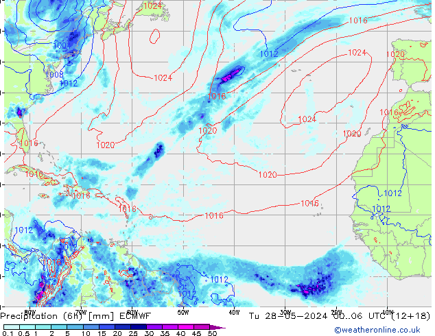 Totale neerslag (6h) ECMWF di 28.05.2024 06 UTC