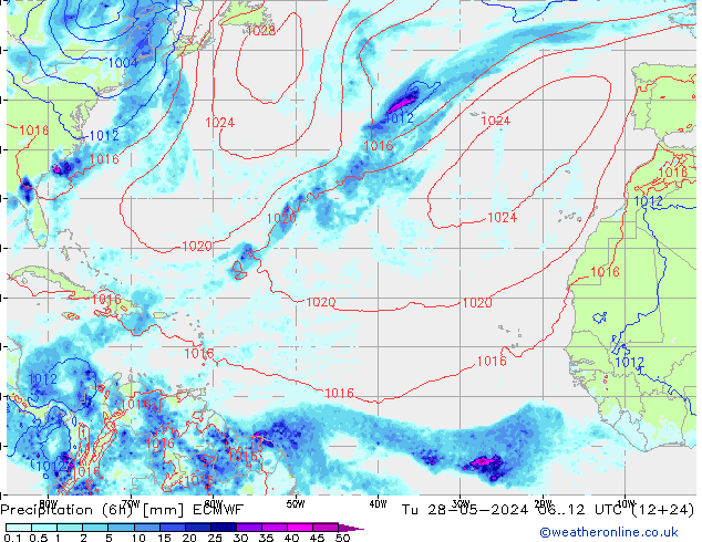 Totale neerslag (6h) ECMWF di 28.05.2024 12 UTC