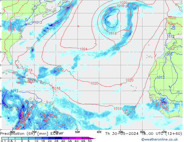 Z500/Rain (+SLP)/Z850 ECMWF Čt 30.05.2024 00 UTC