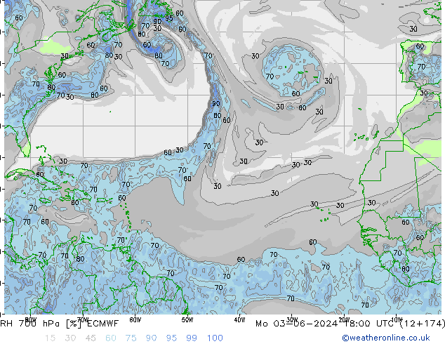 RH 700 hPa ECMWF lun 03.06.2024 18 UTC