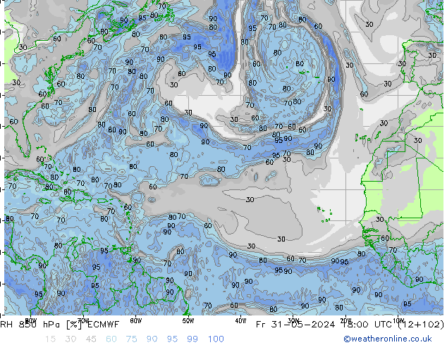 RH 850 hPa ECMWF Sex 31.05.2024 18 UTC