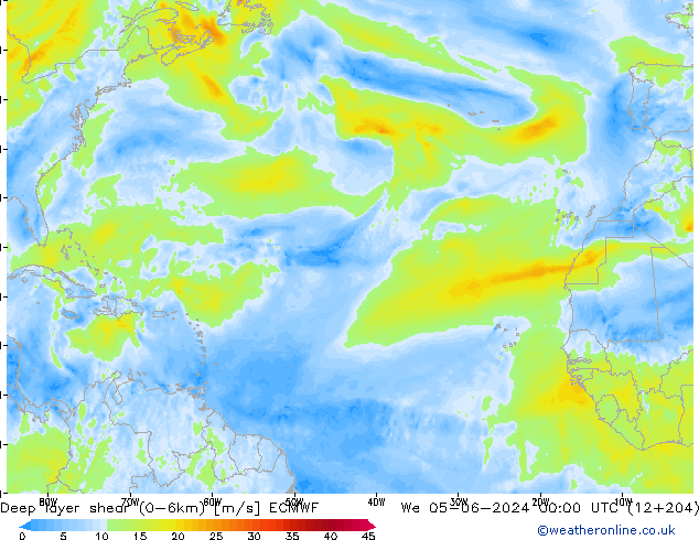 Deep layer shear (0-6km) ECMWF Qua 05.06.2024 00 UTC