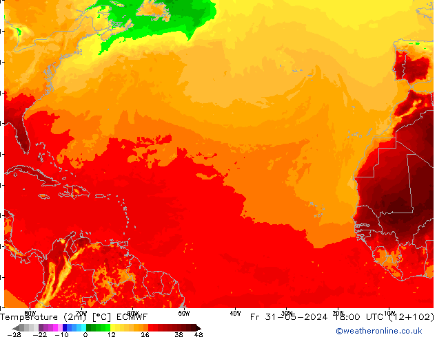 Temperatuurkaart (2m) ECMWF vr 31.05.2024 18 UTC