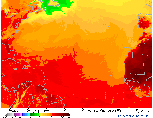 Temperature (2m) ECMWF Mo 03.06.2024 18 UTC