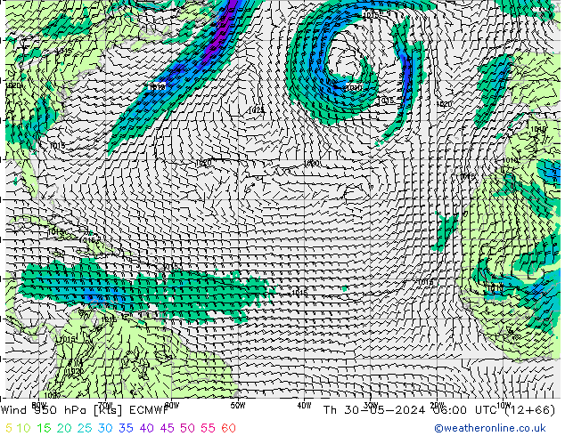 Vento 950 hPa ECMWF Qui 30.05.2024 06 UTC