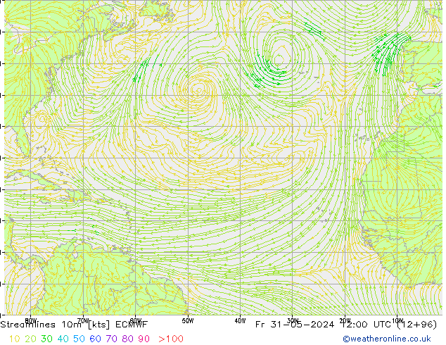 Streamlines 10m ECMWF Pá 31.05.2024 12 UTC