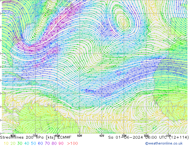 Streamlines 200 hPa ECMWF Sa 01.06.2024 06 UTC