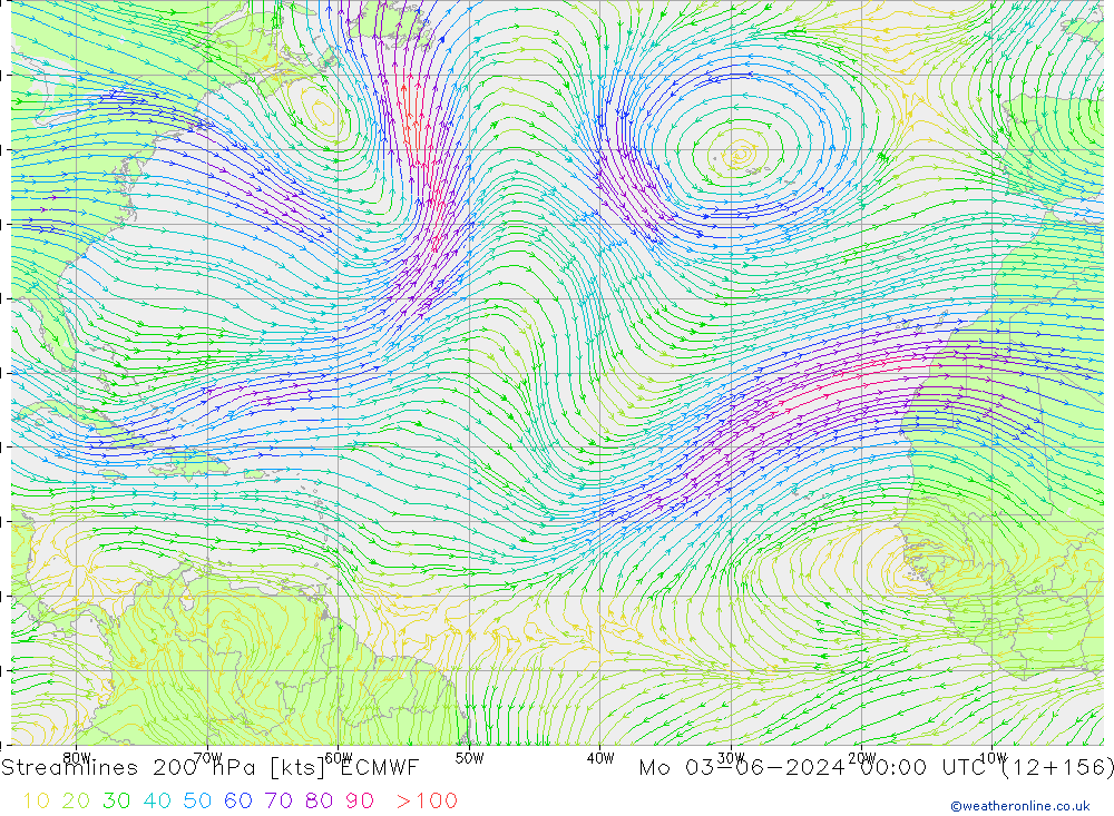 Streamlines 200 hPa ECMWF Po 03.06.2024 00 UTC