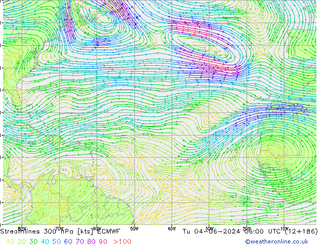 Stroomlijn 300 hPa ECMWF di 04.06.2024 06 UTC